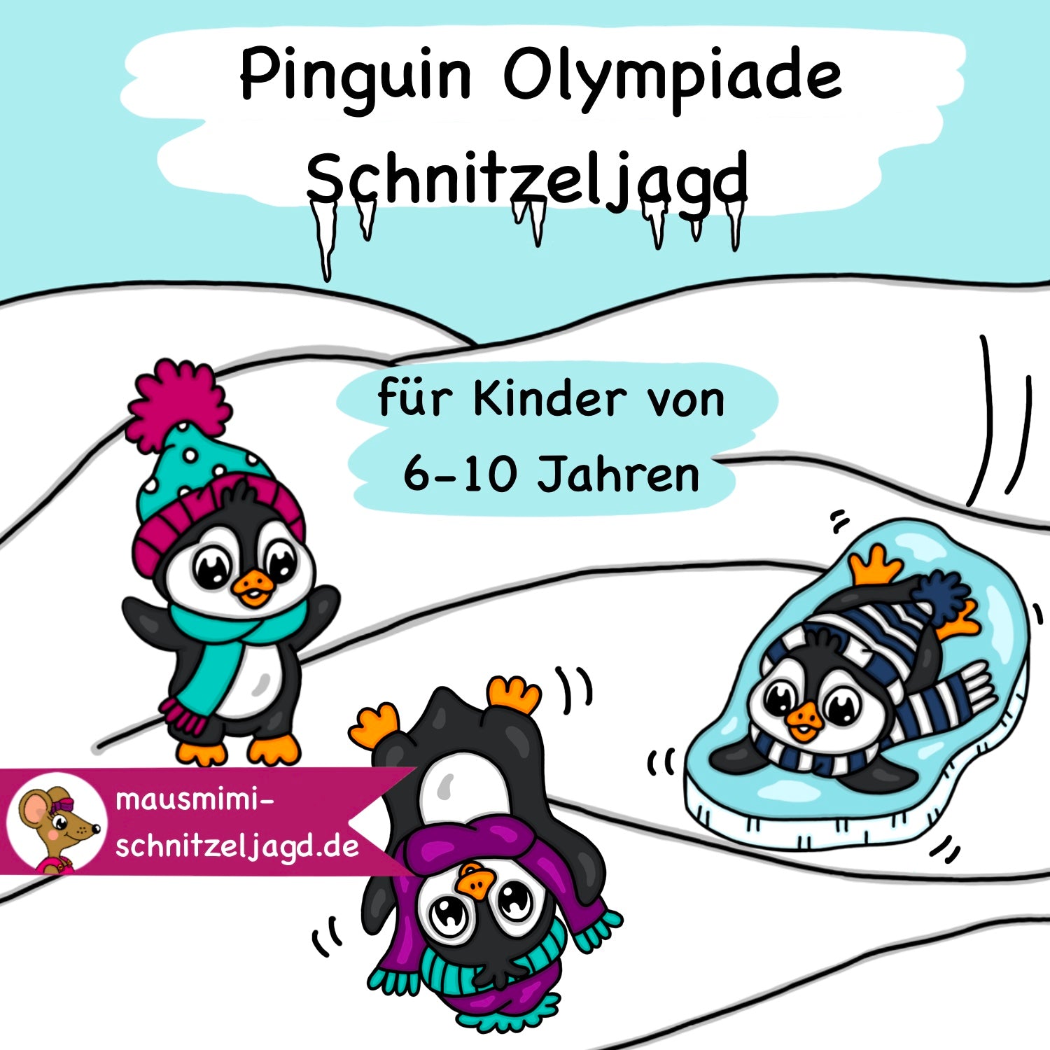 Aktive Schnitzeljagd/ Schatzsuche „Pinguin - Winter Olympiade“ für Kinder von 6-10 Jahren. Mit einer spannenden Geschichte, Rätseln und altersgerechten Aufgaben für einen besonders schönen Kindergeburtstag als Download PDF zum selbst basteln und ausdrucken. Mit umfassender Anleitung.