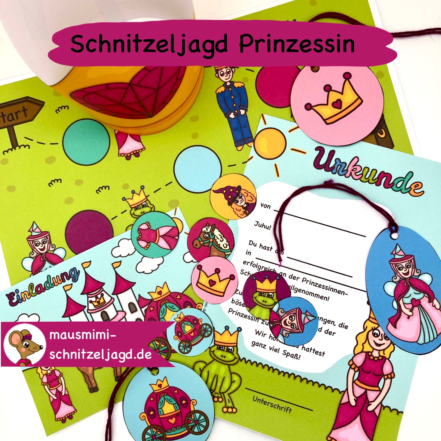 Schnitzeljagd/ Schatzsuche "Prinzessin" für Kinder von 4-6 Jahren. Hier siehst du die Schatzkarte mit den Stationen, die passende Einladung zum Geburtstag sowie die Urkunde für alle Teilnehmer/ Gäste