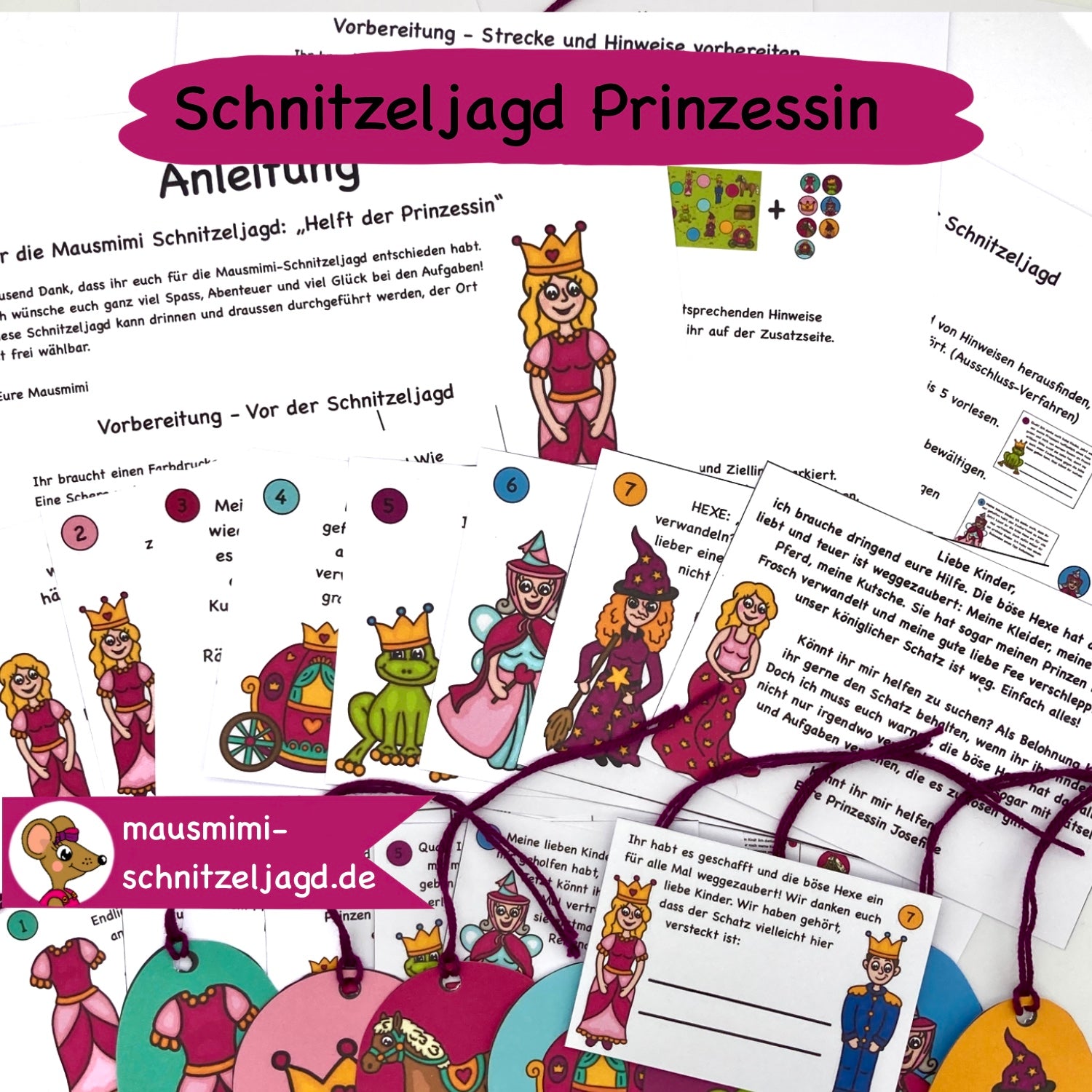 Schnitzeljagd/ Schatzsuche "Prinzessin" für Kinder von 6-9 Jahren. Hier siehst du eine Übersicht - Geschichte, Anleitung, Stationen und Tipps für einen spannenden Kindergeburtstag 
