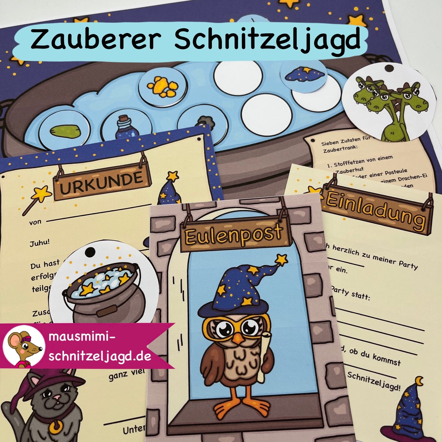 Schnitzeljagd/ Schatzsuche „Zauberer“ für Kinder von 7-10 Jahren. Hier siehst du die Schatzkarte mit den Stationen, die passende Einladung zum Geburtstag sowie die Urkunde für alle Teilnehmer/ Gäste